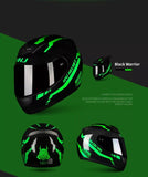 The Black and Green Warrior 999 HNJ Full-Face Motorcycle Helmet with Horns & Braids by Kings Motorcycle Fairings.