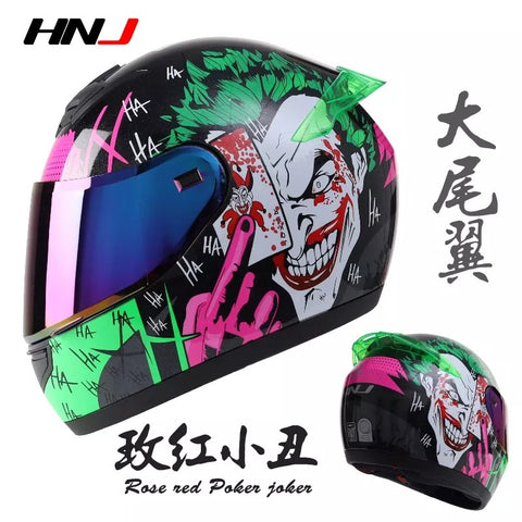 The Black, Green, Pink and White Joker HNJ Full-Face Motorcycle Helmet is brought to you by Kings Motorcycle Fairings