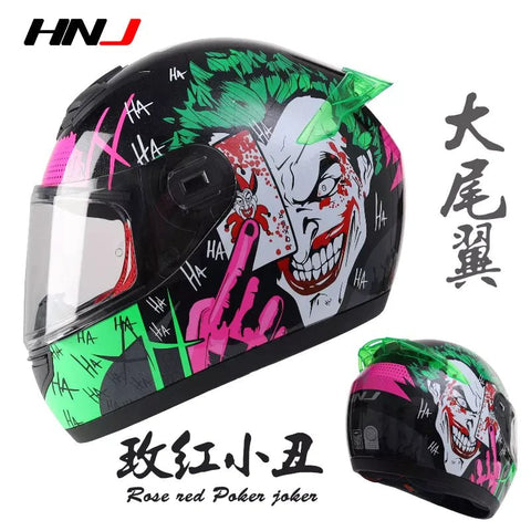 The Black, Green, Pink and White Joker HNJ Full-Face Motorcycle Helmet is brought to you by Kings Motorcycle Fairings