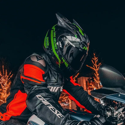 The Green and Black Warrior 999 HNJ Full-Face Motorcycle Helmet with Horns is brought to you by KingsMotorcycleFairings.com