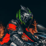 The Black and Green Warrior 999 HNJ Full-Face Motorcycle Helmet with Horns & Braids at KingsMotorcycleFairings.com