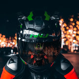 The Green and Black Warrior 999 HNJ Full-Face Motorcycle Helmet with Horns is brought to you by Kings Motorcycle Fairings
