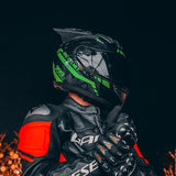 The Black and Green Warrior 999 HNJ Full-Face Motorcycle Helmet with Horns & Braids by Kings Motorcycle Fairings.