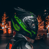 The Black and Green Warrior 999 HNJ Full-Face Motorcycle Helmet with Horns & Braids by Kings Motorcycle Fairings.