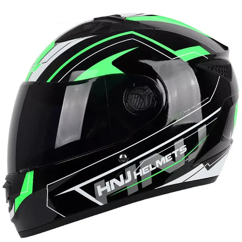 The Black and Green HNJ Full-Face Motorcycle Helmet is brought to you by Kings Motorcycle Fairings