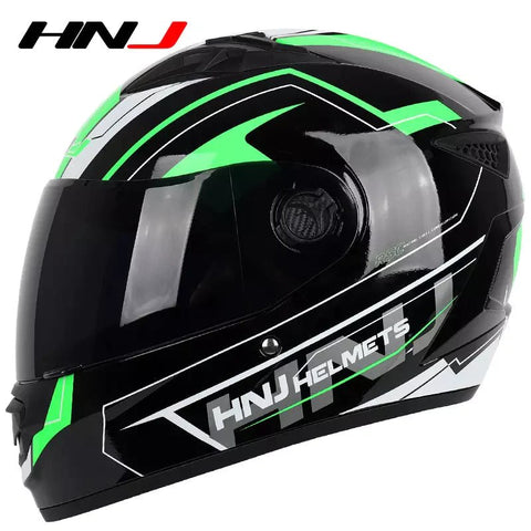 The Black and Green HNJ Full-Face Motorcycle Helmet is brought to you by Kings Motorcycle Fairings