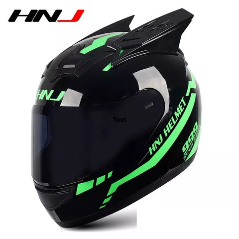 The Black and Green Warrior 999 HNJ Full-Face Motorcycle Helmet with Horns is brought to you by Kings Motorcycle Fairings.