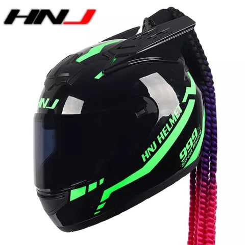 The Black and Green Warrior 999 HNJ Full-Face Motorcycle Helmet with Horns & Braids is brought to you by Kings Motorcycle Fairings.
