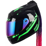 The Black and Green Warrior 999 HNJ Full-Face Motorcycle Helmet with Horns & Braids by Kings Motorcycle Fairings.