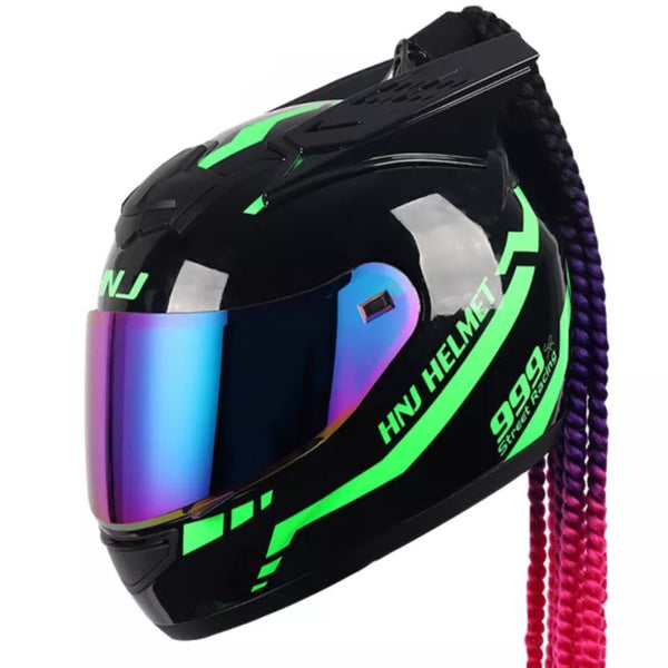 The Black and Green Warrior 999 HNJ Full-Face Motorcycle Helmet with Horns & Braids by Kings Motorcycle Fairings.