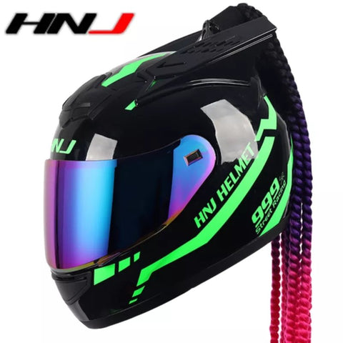 The Black and Green Warrior 999 HNJ Full-Face Motorcycle Helmet with Horns & Braids is brought to you by Kings Motorcycle Fairings.