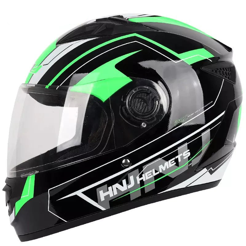 The Black and Green HNJ Full-Face Motorcycle Helmet is brought to you by Kings Motorcycle Fairings