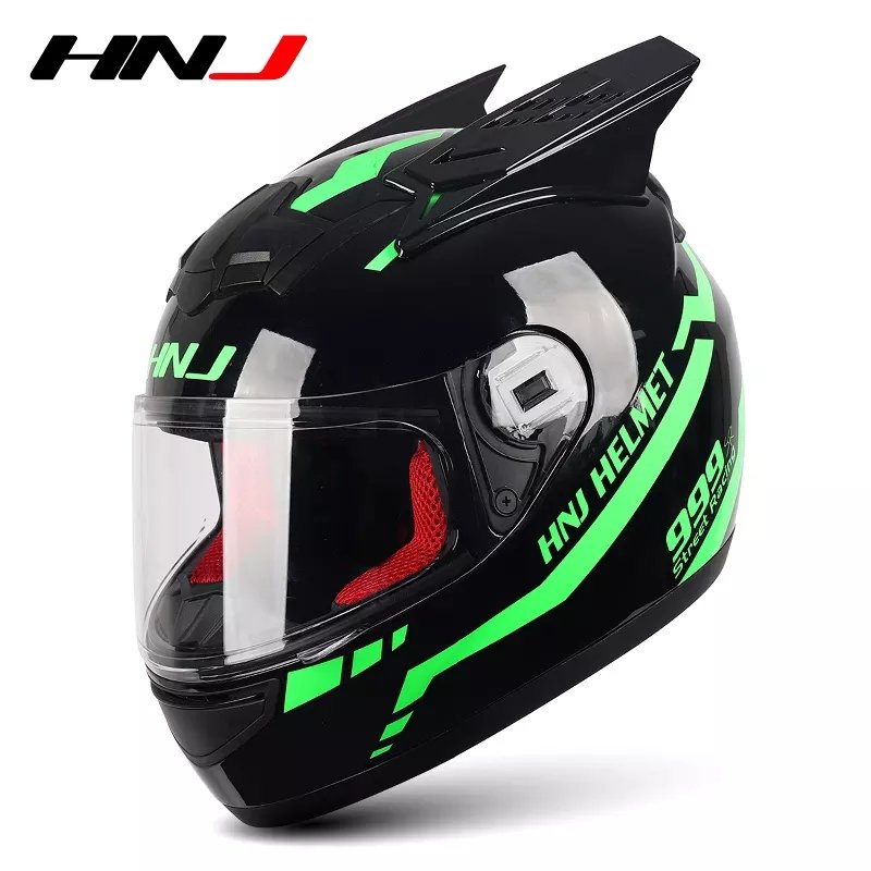 Black & Green Motorcycle Helmet with Horns & Black Visor