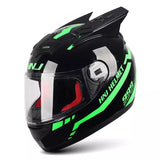 The Black and Green Warrior 999 HNJ Full-Face Motorcycle Helmet with Horns & Braids by KingsMotorcycleFairings.com