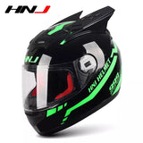 The Black and Green Warrior 999 HNJ Full-Face Motorcycle Helmet with Horns is brought to you by Kings Motorcycle Fairings.