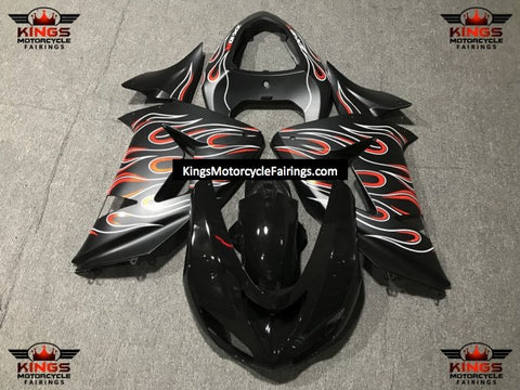 Fairing Kit For A Kawasaki ZX10R (2006-2007) Black, Matte Black, White & Red Flames