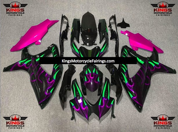 Suzuki GSXR600 (2008-2010) Black, Purple & Green Flame Fairings