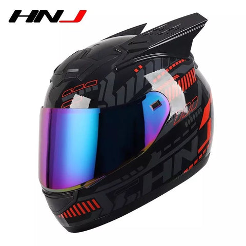 The Black and Red Pulse HNJ Full-Face Motorcycle Helmet with Horns is brought to you by Kings Motorcycle Fairings