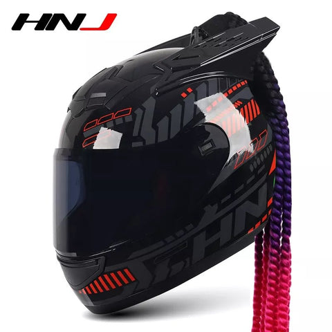 The Black and Red Pulse HNJ Full-Face Motorcycle Helmet with Horns & Braids is brought to you by Kings Motorcycle Fairings.