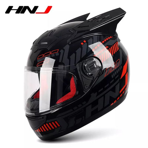 The Black and Red Pulse HNJ Full-Face Motorcycle Helmet with Horns is brought to you by Kings Motorcycle Fairings