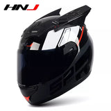 The Black, Red, Dark Gray and White HNJ Full-Face Motorcycle Helmet with Horns is brought to you by Kings Motorcycle Fairings