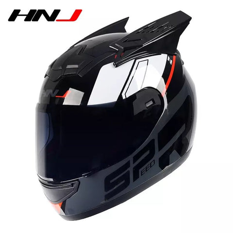 The Black, Red, Gray and White HNJ Full-Face Motorcycle Helmet with Horns is brought to you by Kings Motorcycle Fairings