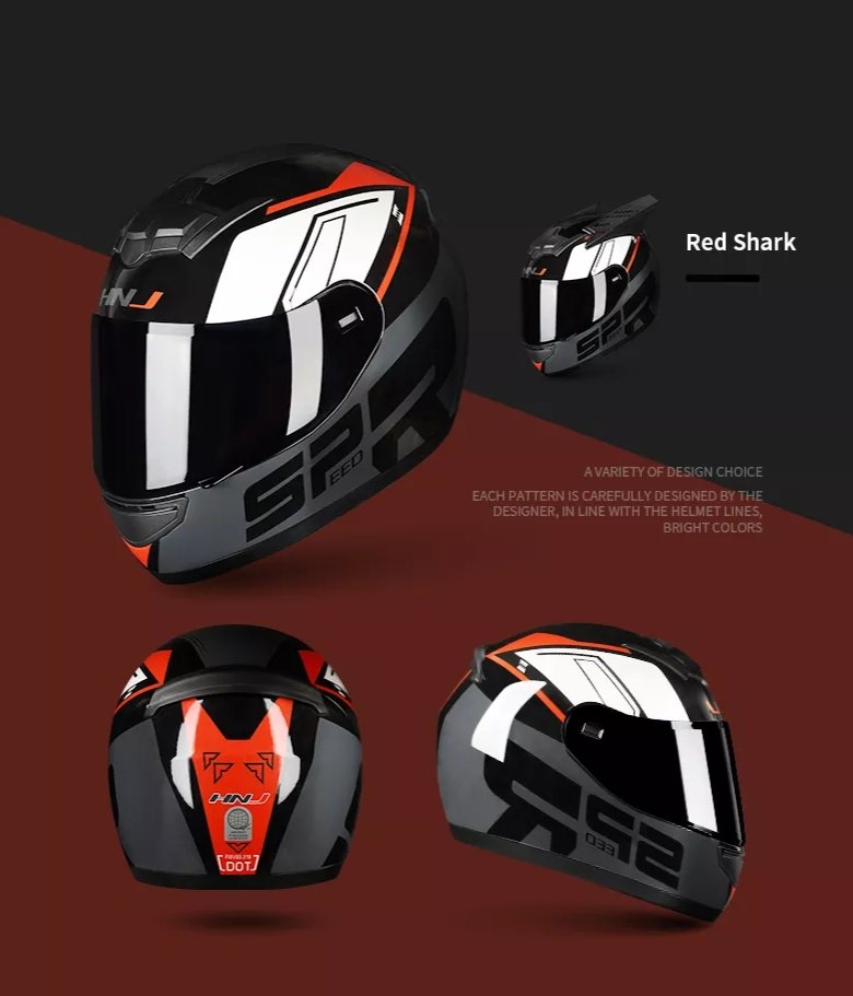 color line design motorcycle helmet Black, Red, Dark Gray & White HNJ Motorcycle Helmet with Horns & Black Visor