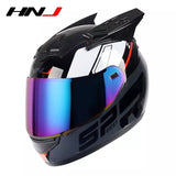 The Black, Red, Dark Gray and White HNJ Full-Face Motorcycle Helmet with Horns is brought to you by Kings Motorcycle Fairings