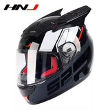 The Black, Red, Gray and White HNJ Full-Face Motorcycle Helmet with Horns is brought to you by Kings Motorcycle Fairings