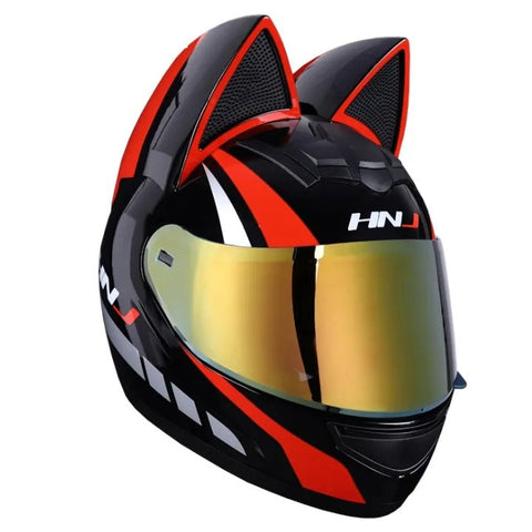 Black, Red & Silver HNJ Motorcycle Helmet with Cat Ears & Gold Visor
