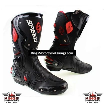 Black, Red & White Speed Leather Motorcycle Boots at KingsMotorcycleFairings.com