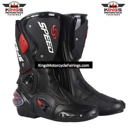 Black, Red & White Speed Leather Motorcycle Boots at KingsMotorcycleFairings.com