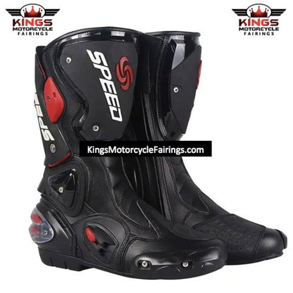 Black, Red & White Speed Leather Motorcycle Boots at KingsMotorcycleFairings.com