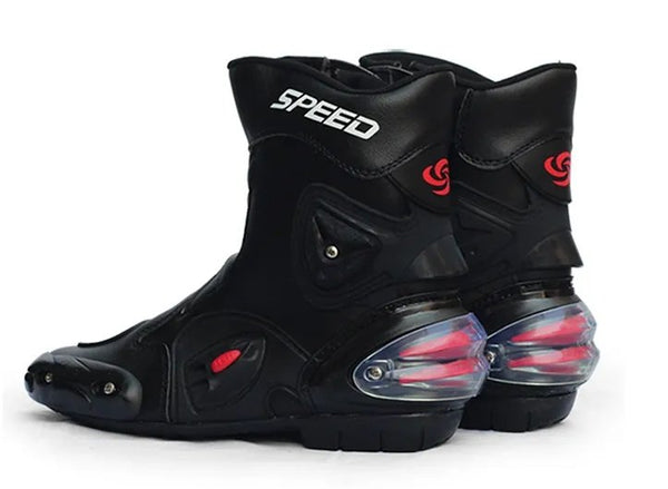 Black, Red & White Speed Leather Motorcycle Mid Boots at KingsMotorcycleFairings.com