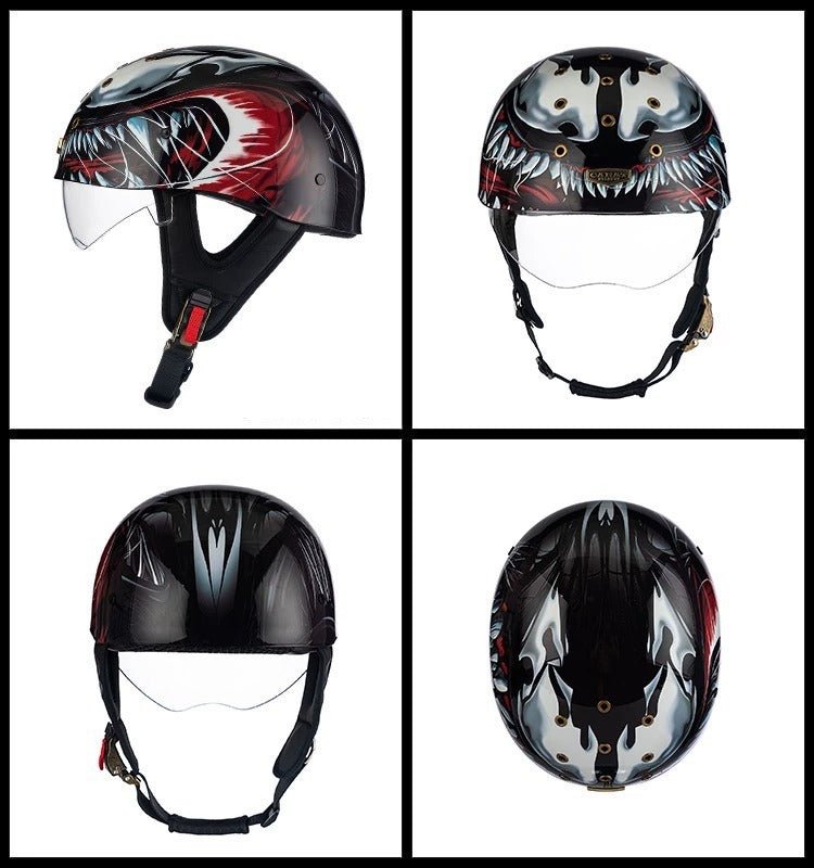 black red skull motorcycle helmet Black, Red & White Venom Half Bucket Motorcycle Helmet