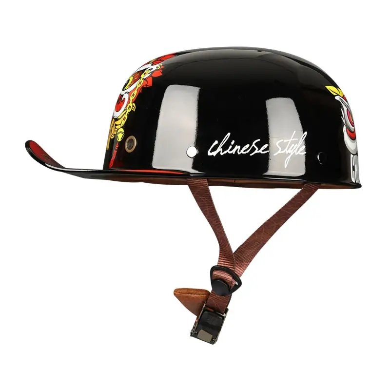 Black, Red, Yellow and White Chinese Style Retro Baseball Cap Motorcycle Helmet at KingsMotorcycleFairings.com