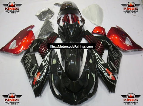 Fairing kit for a Kawasaki Ninja ZX14R (2006-2011) Black, Red & Silver Flames