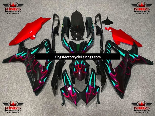 Suzuki GSXR600 (2008-2010) Black, Red & Turquoise Flame Fairings
