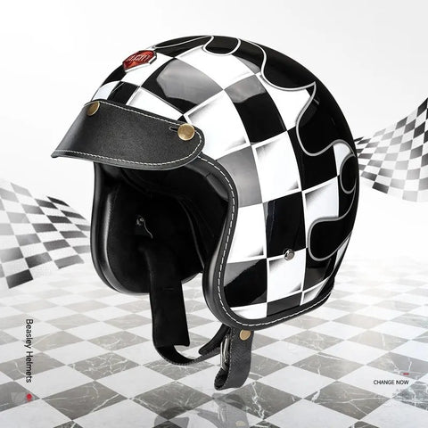 Black & White Checkered Flames & Black Leather Open Face 3/4 Beasley Motorcycle Helmet is brought to you by KingsMotorcycleFairings.com