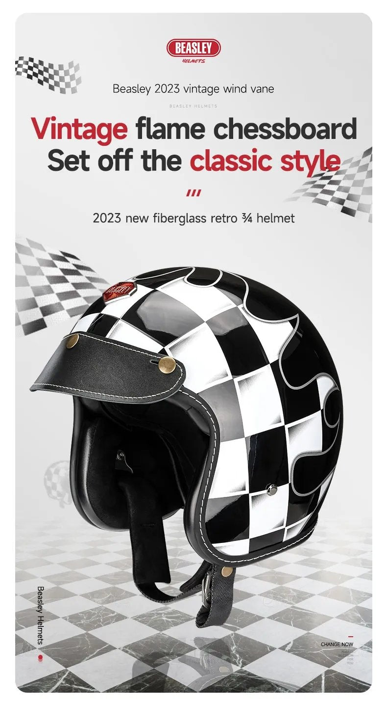 checkered motorcycle helmet Classic Cruiser Open Face Gear Rider This helmet brings back retro vibes with modern certifications for ultimate safety Black & White Checkered Flames