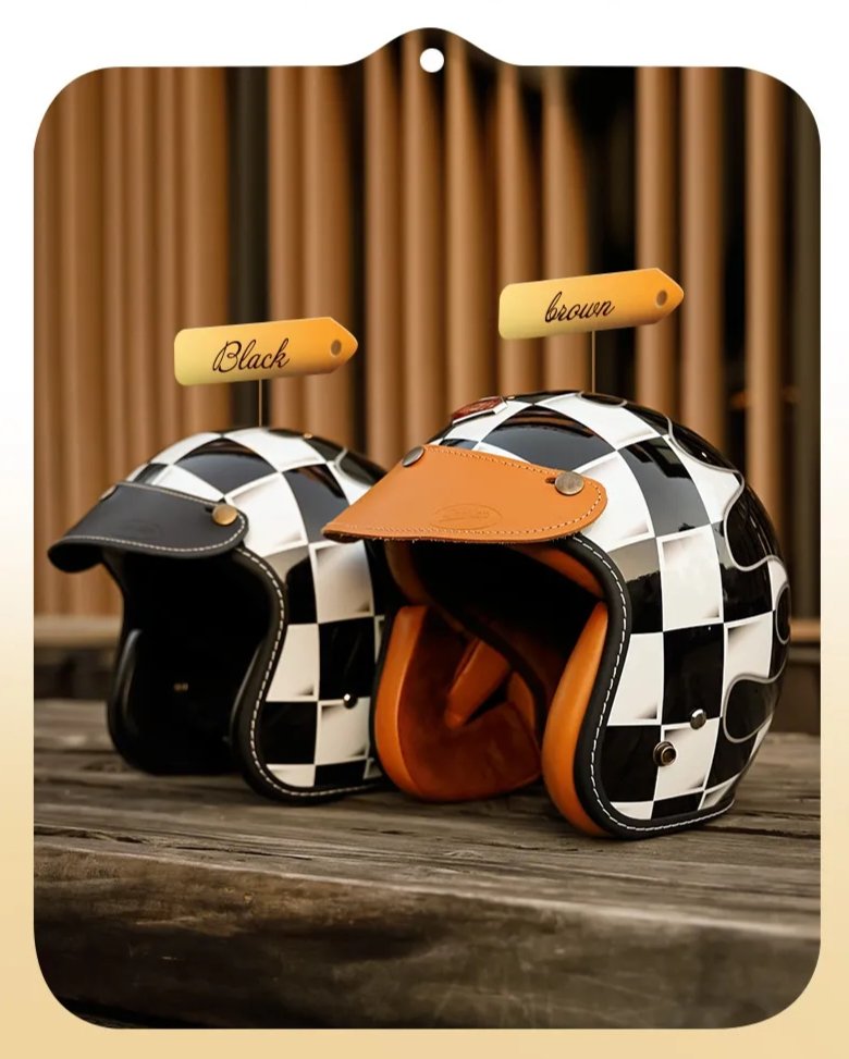 Black & White Checkered Flames & Black Leather Open Face 3/4 Beasley Motorcycle Helmet by KingsMotorcycleFairings.com