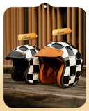 Black & White Checkered Flames & Brown Leather Open Face 3/4 Beasley Motorcycle Helmet is brought to you by KingsMotorcycleFairings.com