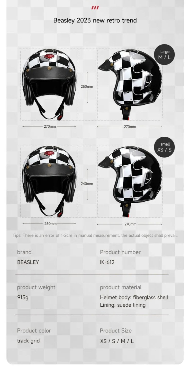 Black & White Checkered Flames & Black Leather Open Face 3/4 Beasley Motorcycle Helmet by KingsMotorcycleFairings.com