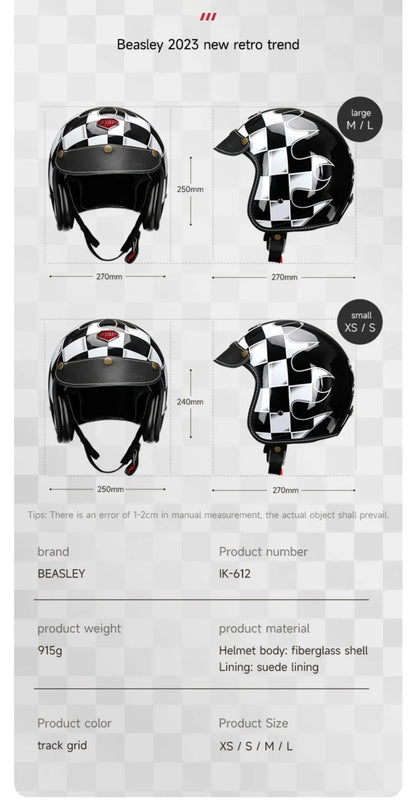 Black & White Checkered Flames & Black Leather Open Face 3/4 Beasley Motorcycle Helmet by KingsMotorcycleFairings.com
