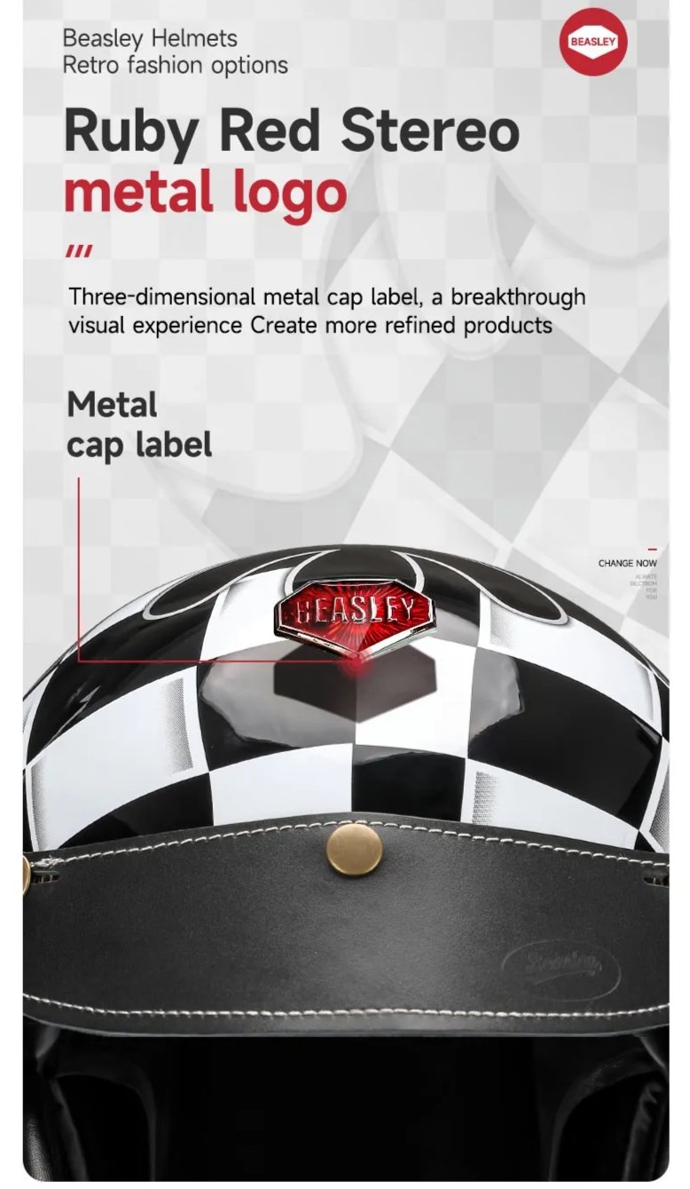 Black & White Checkered Flames & Black Leather Open Face 3/4 Beasley Motorcycle Helmet by KingsMotorcycleFairings.com