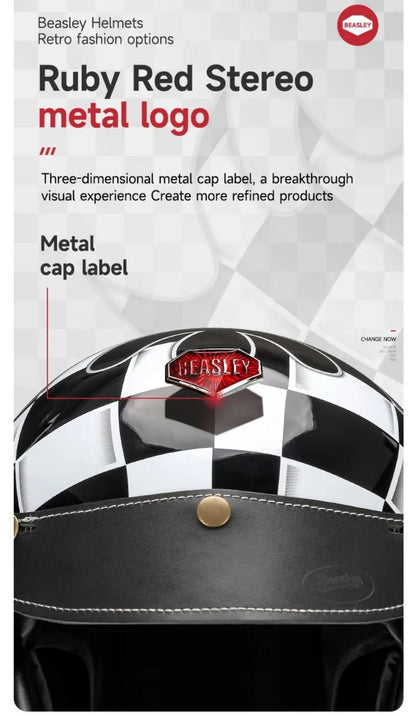 Black & White Checkered Flames & Black Leather Open Face 3/4 Beasley Motorcycle Helmet by KingsMotorcycleFairings.com