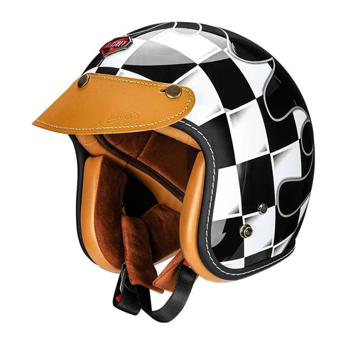 Black & White Checkered Flames & Brown Leather Open Face 3/4 Beasley Motorcycle Helmet is brought to you by KingsMotorcycleFairings.com
