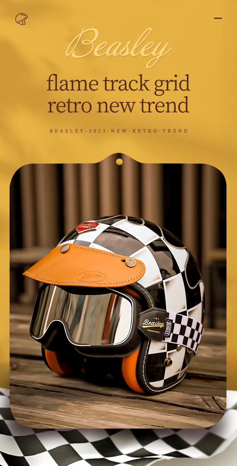 gold helmet brown leather motorcycle Black & White Checkered Flames & Brown Leather Open Face 3/4 Beasley Motorcycle Helmet