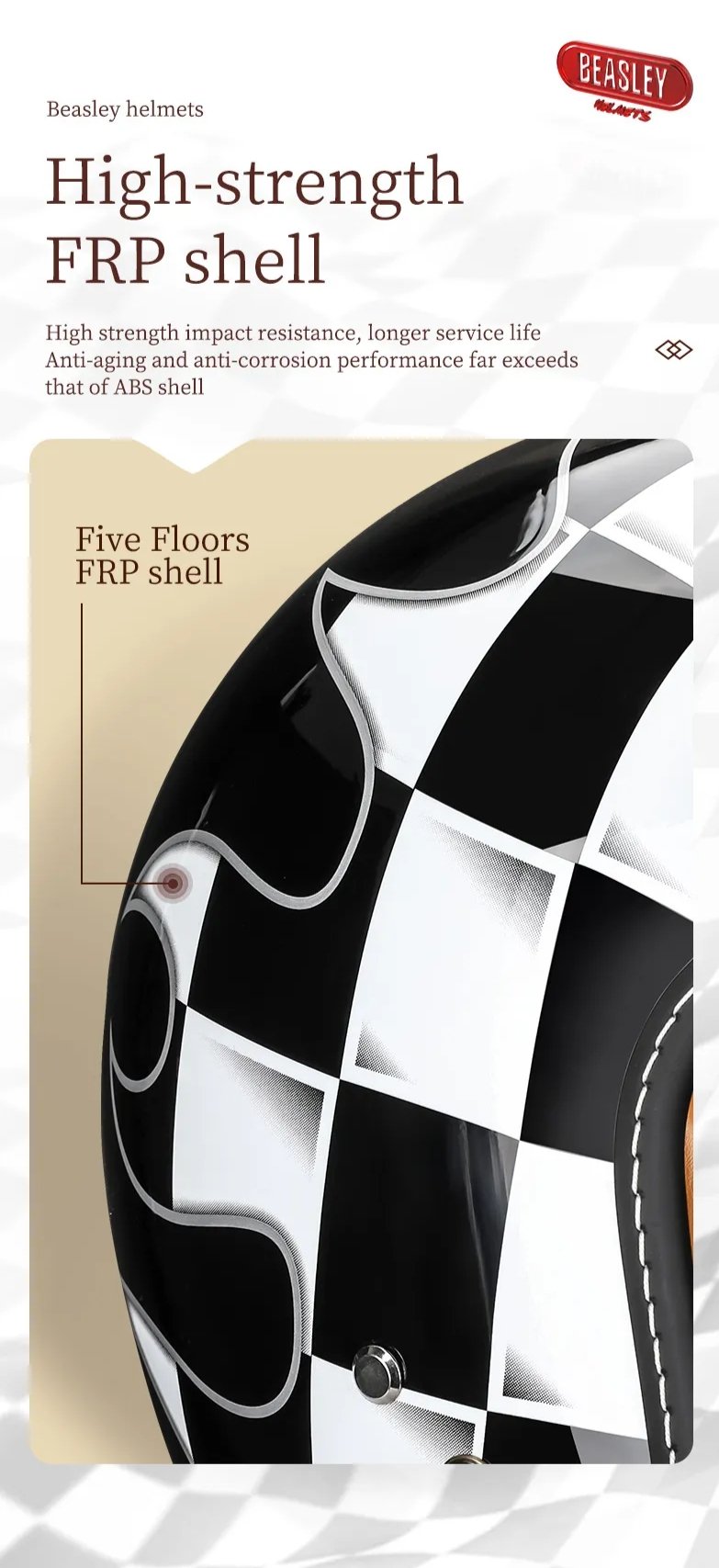 Black & White Checkered Flames & Brown Leather Open Face 3/4 Beasley Motorcycle Helmet at KingsMotorcycleFairings.com