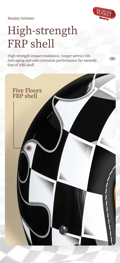Black & White Checkered Flames & Brown Leather Open Face 3/4 Beasley Motorcycle Helmet at KingsMotorcycleFairings.com